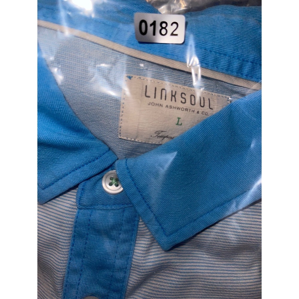 LinkSoul Tempus Fugit Golf Polo Shirt Men's L Light Blue Striped Short Sleeve - Picture 10 of 10